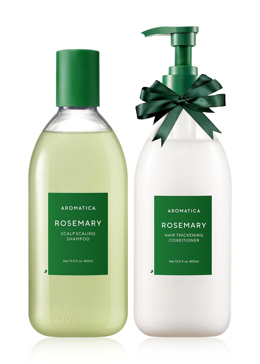AROMATICA front packaging showing both shampoo and conditioner, clear set presentation and gift-ready