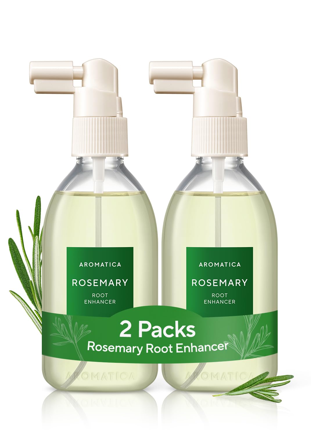 AROMATICA front packaging showing twin root enhancer bottles and branding benefits