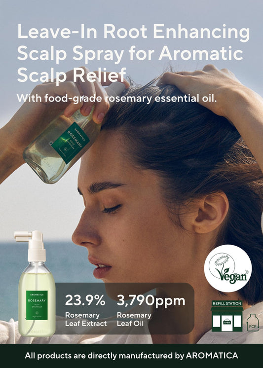 AROMATICA spray nozzle dispensing mist demonstrating easy targeted scalp use