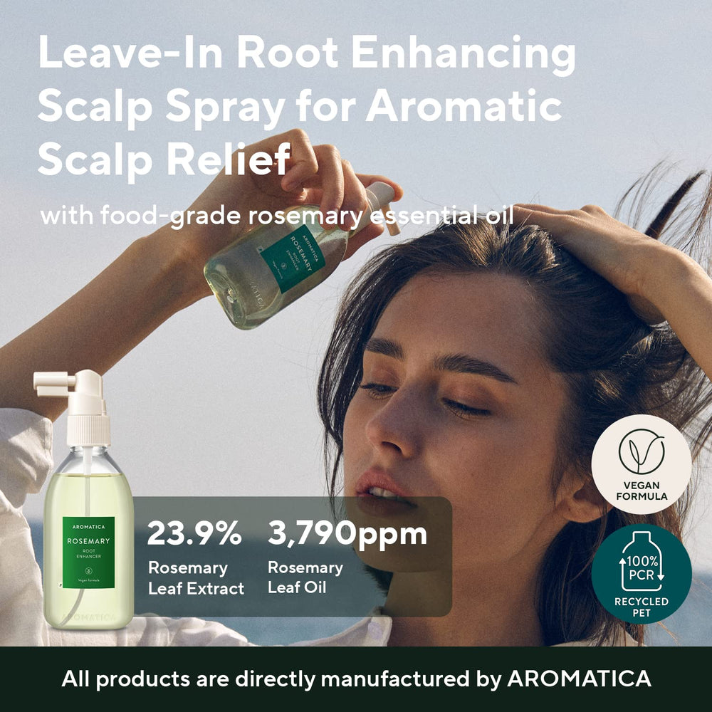 AROMATICA rosemary water spray in hand applying to scalp, fast absorbency for daily refresh