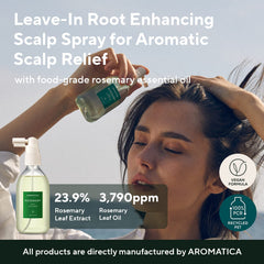 AROMATICA rosemary water spray in hand applying to scalp, fast absorbency for daily refresh
