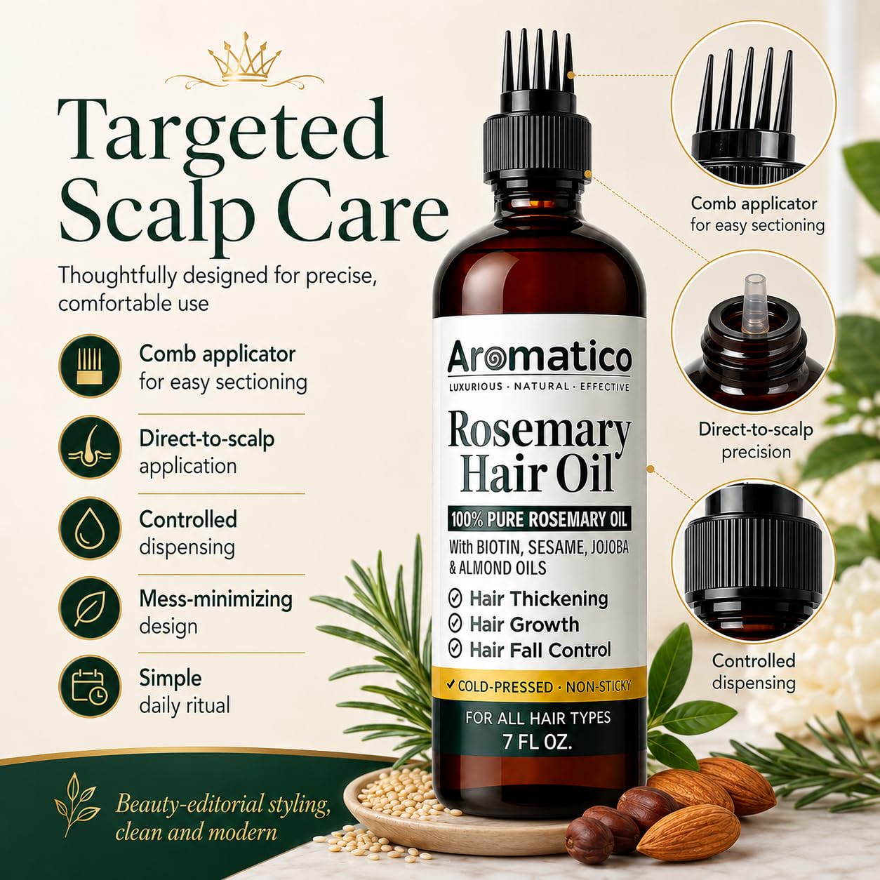Aromatico bottle surrounded by sesame, jojoba and almond illustrating natural blend