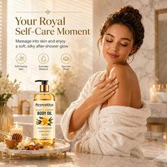 Aromatico on towel-dried skin after shower, seals moisture without greasiness