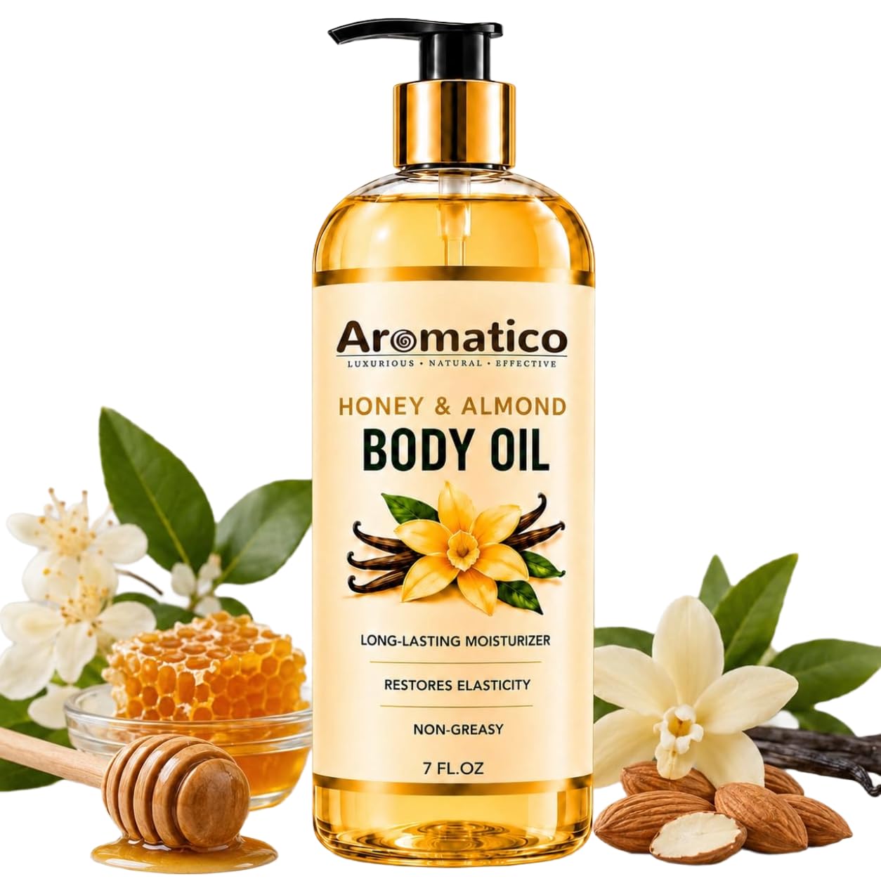 Aromatico front bottle showing honey and almond fragrance, promotes fast hydration