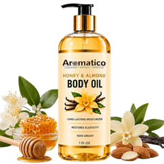 Aromatico front bottle showing honey and almond fragrance, promotes fast hydration