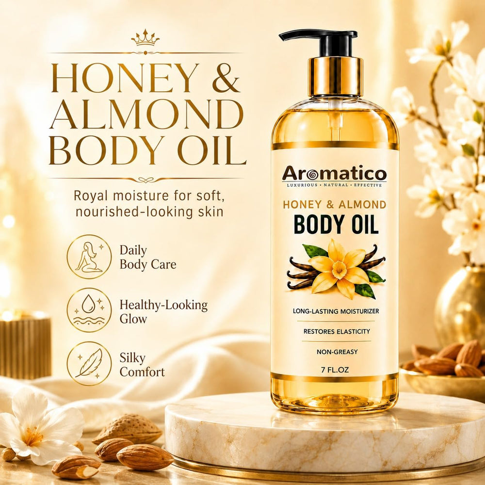 Aromatico ingredients flatlay with oils and vanilla, emphasizes nourishing botanicals