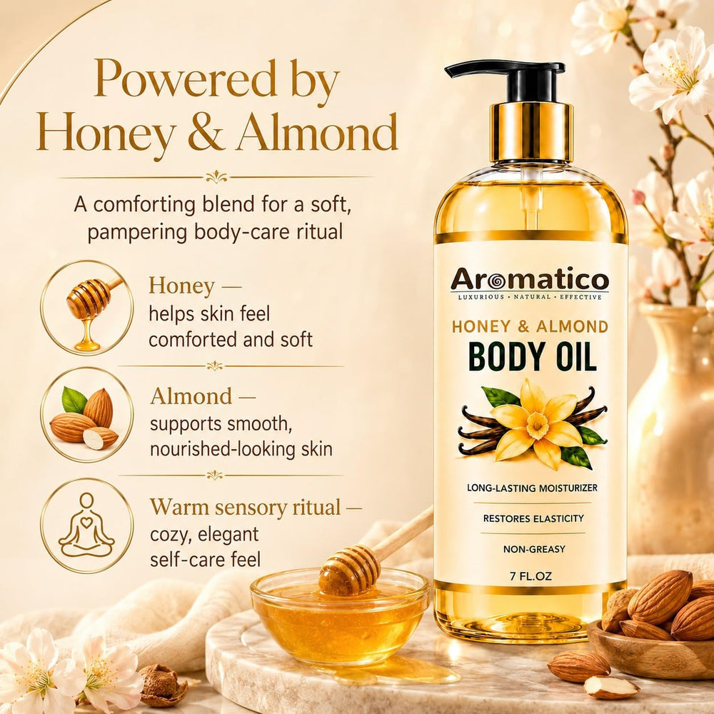 Aromatico oil texture droplet on fingertip, demonstrates silky fast-absorbing feel