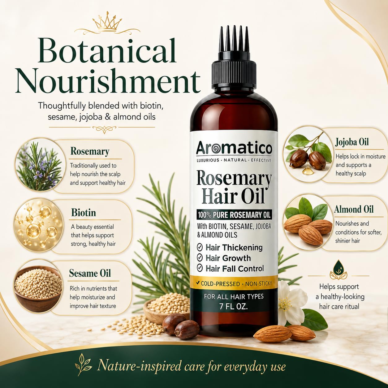 Aromatico oil texture on palm illustrating lightweight absorption benefit