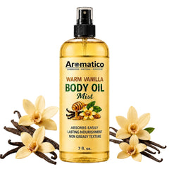 Aromatico front bottle showing warm vanilla mist and packaging benefits