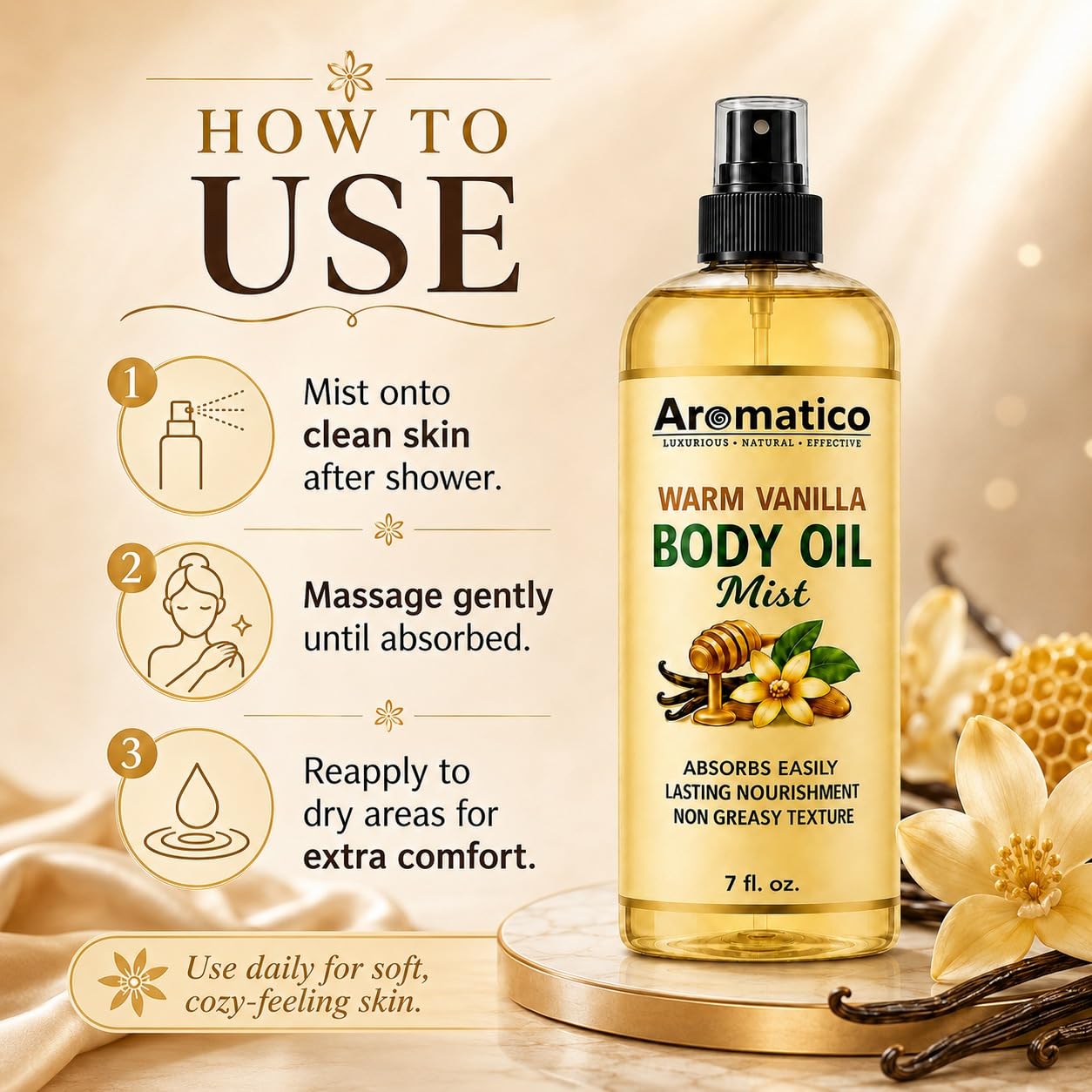 Aromatico mist on bedside table evoking cozy vanilla scent for evening use