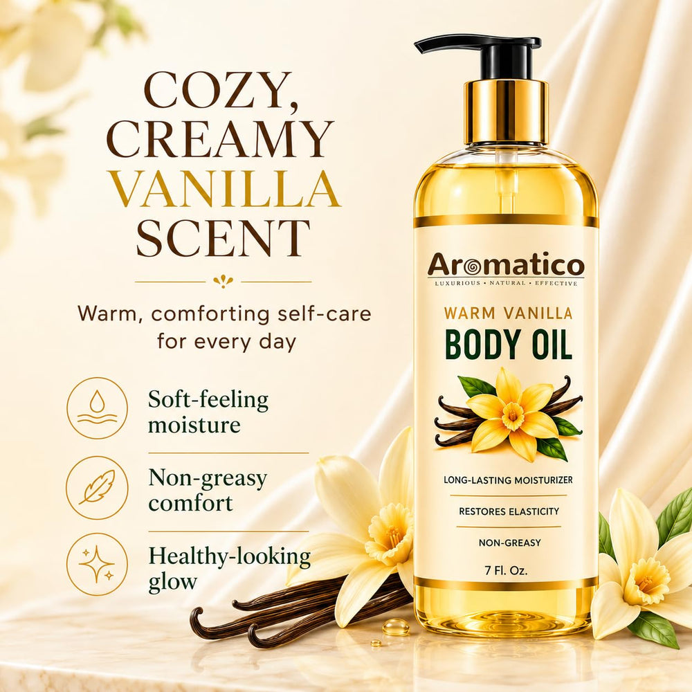 Aromatico with vanilla bean and oil illustrating cozy creamy fragrance