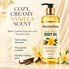 Aromatico with vanilla bean and oil illustrating cozy creamy fragrance