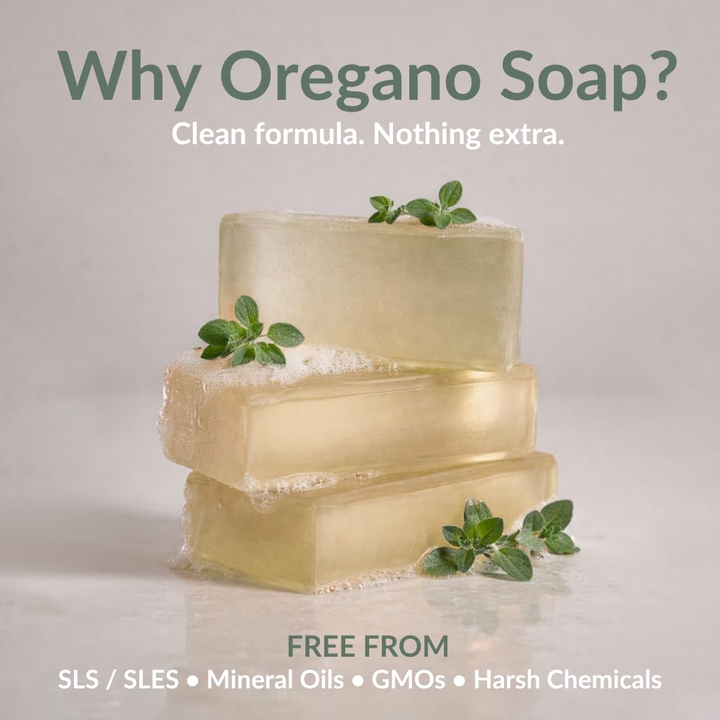 AROMAVITA oregano soap held in hand showing size and portable benefit