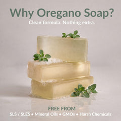 AROMAVITA oregano soap held in hand showing size and portable benefit