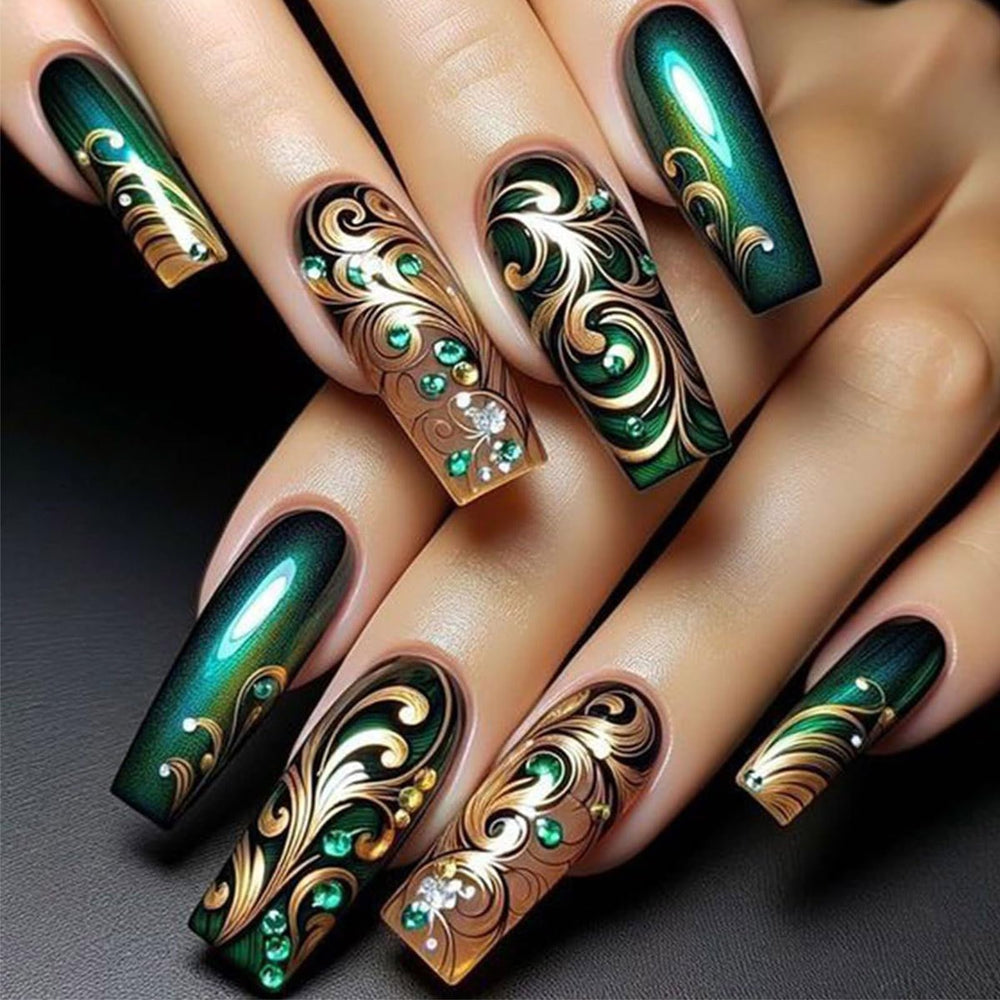 AROVFAM front packaging showing 24-piece glossy green gradient set and rhinestones benefit instant salon look
