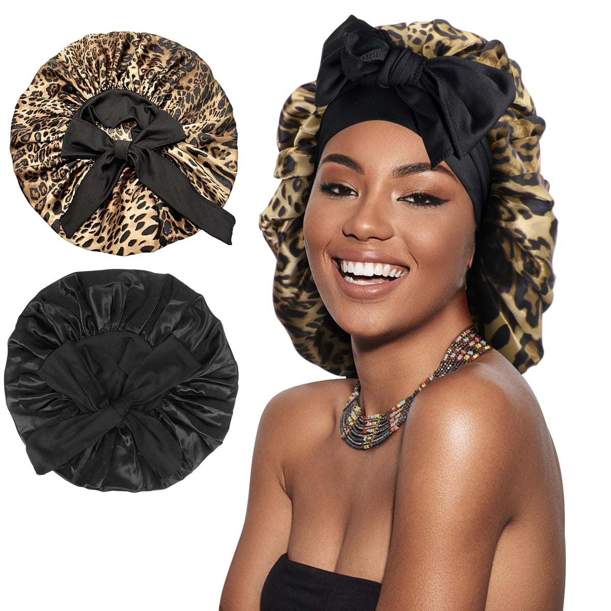 Arqumi black and leopard bonnets front view showing two-color set and coverage benefit