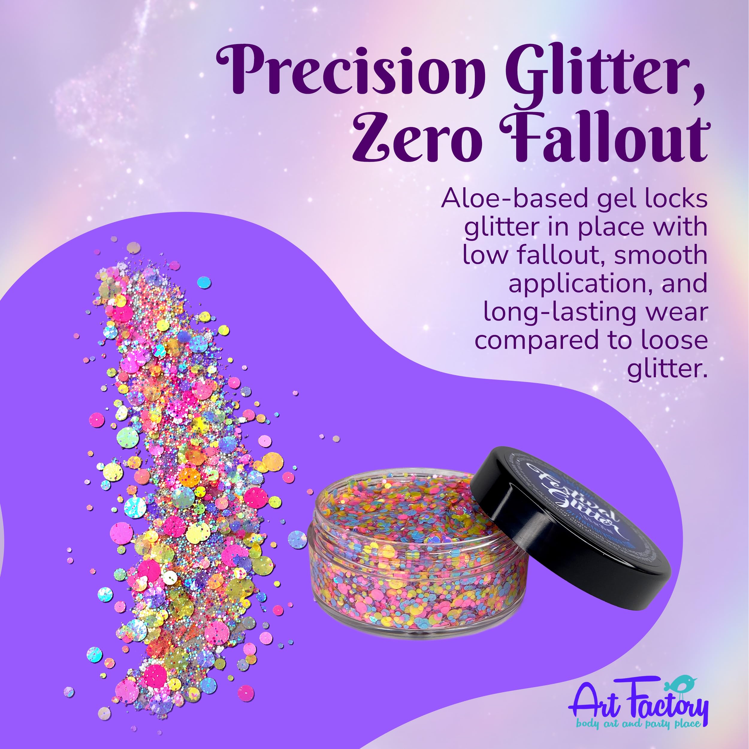 Art Factory macro of dot-cut glitter particles demonstrating fine sparkle and low fallout