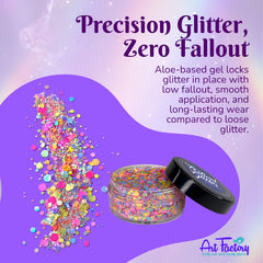 Art Factory macro of dot-cut glitter particles demonstrating fine sparkle and low fallout