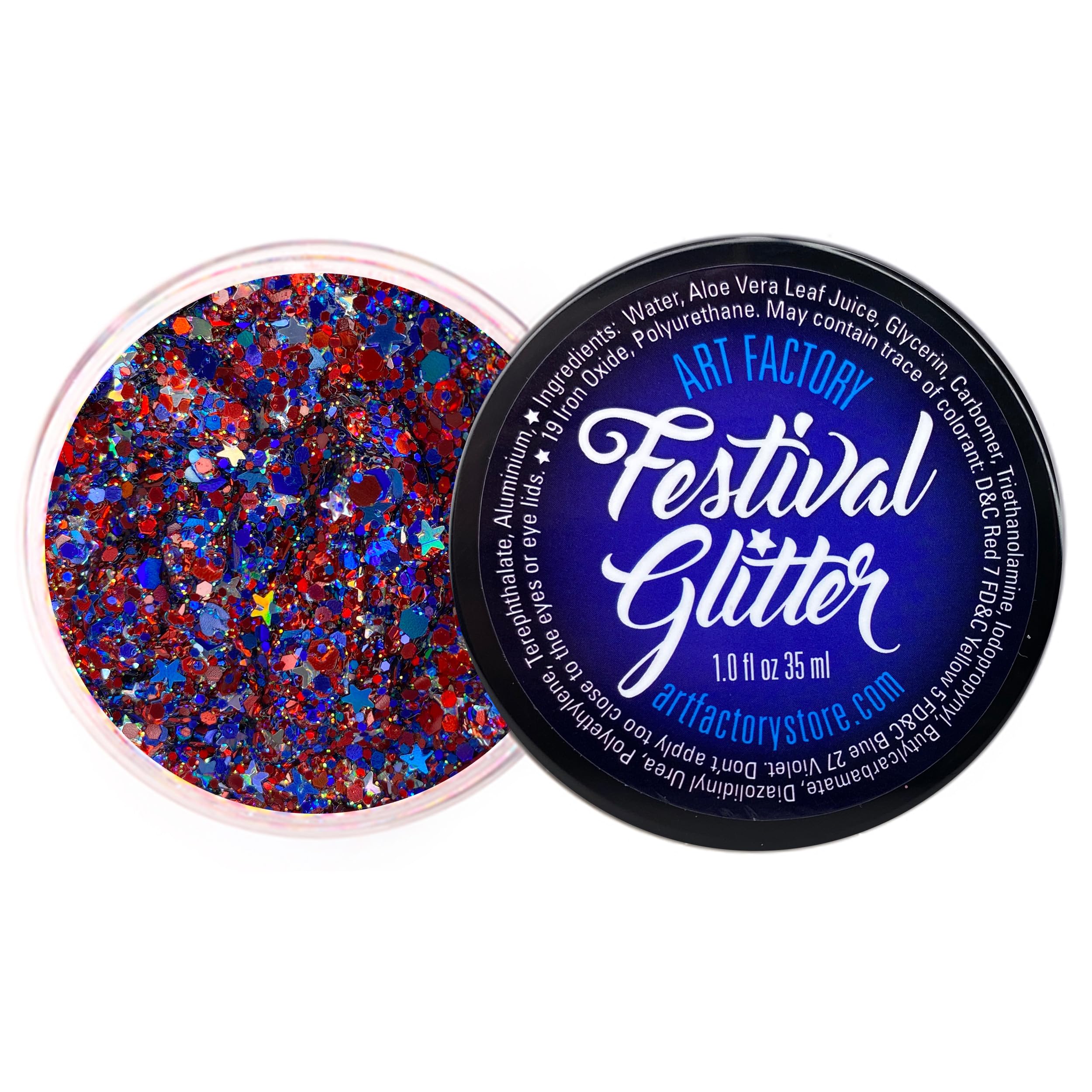 Art Factory front jar packaging showing patriotic holographic glitter benefit