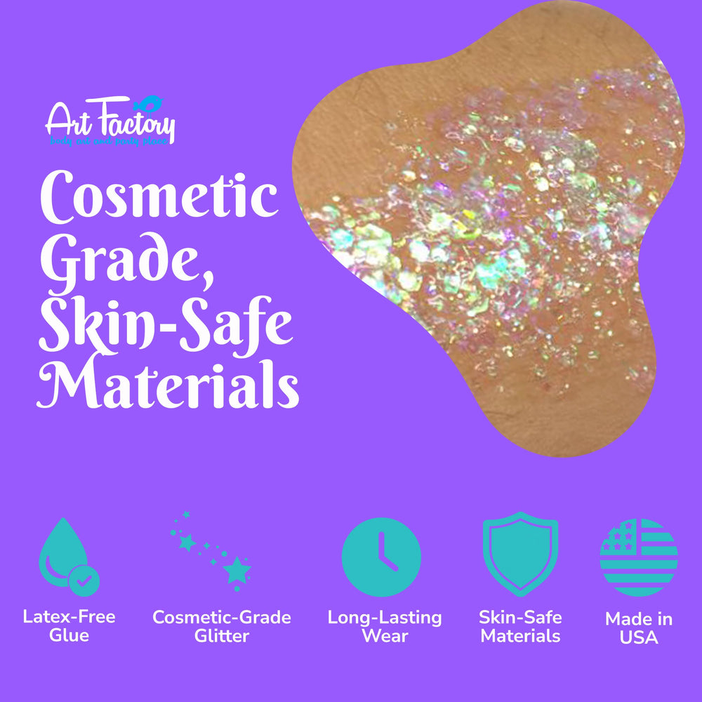 Art Factory glitter applied to hair roots demonstrating color-shift shine benefit