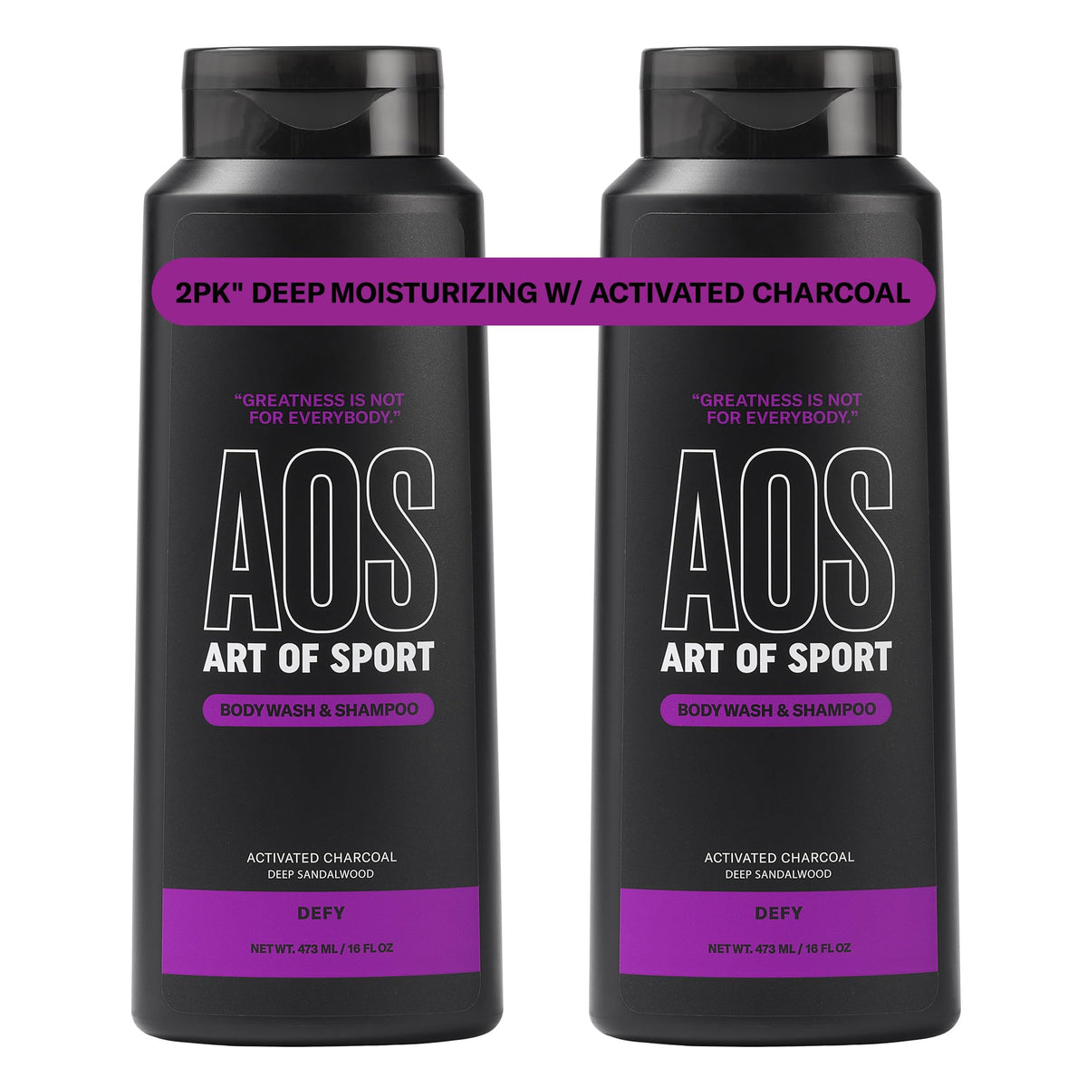 Art of Sport front bottle view showing sandalwood DEFY scent and sporty design benefits freshness