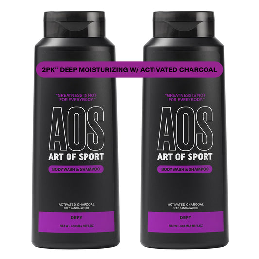 Art of Sport front bottle view showing sandalwood DEFY scent and sporty design benefits freshness