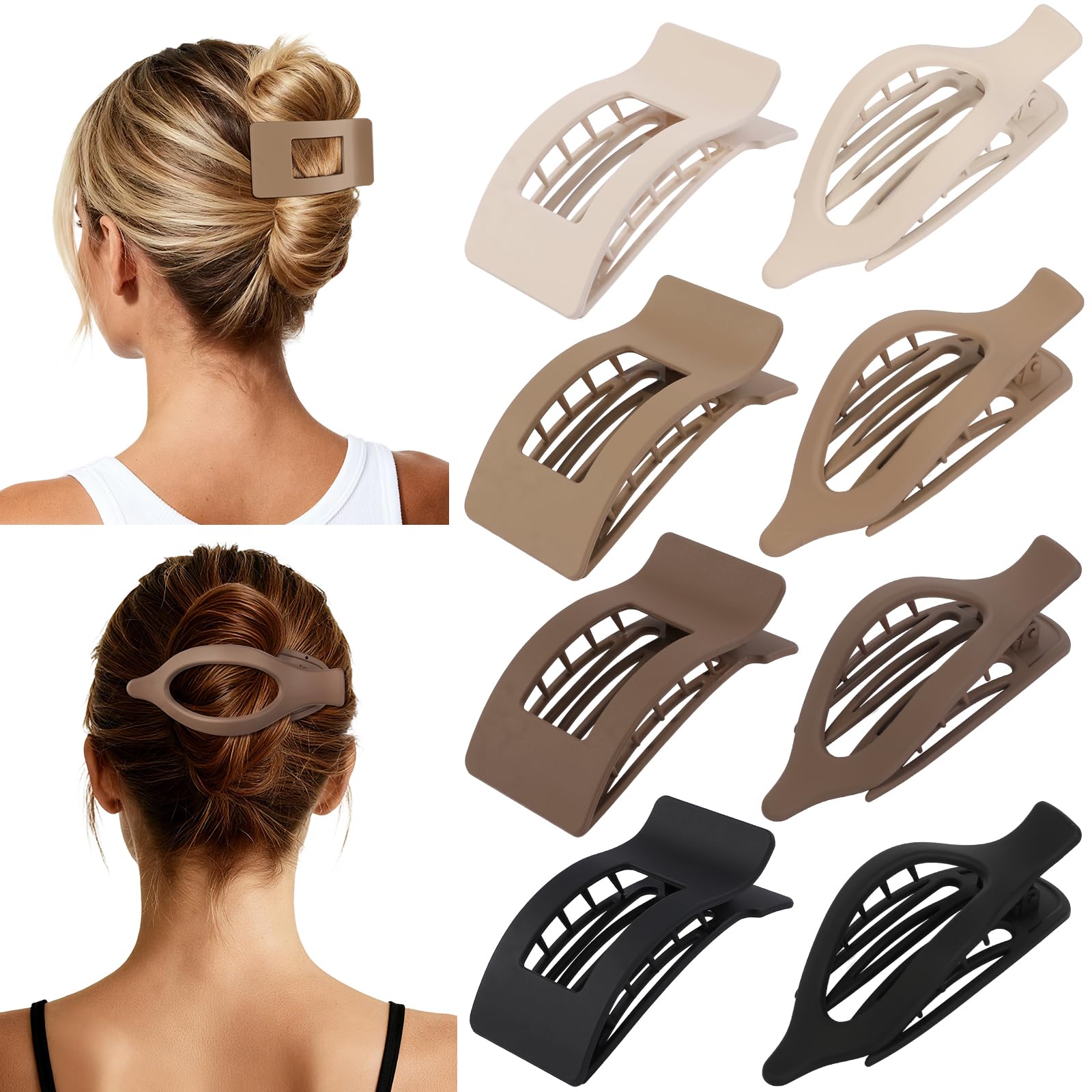 Artchita front packaging showing eight brown matte flat hair clips and benefits of compact storage