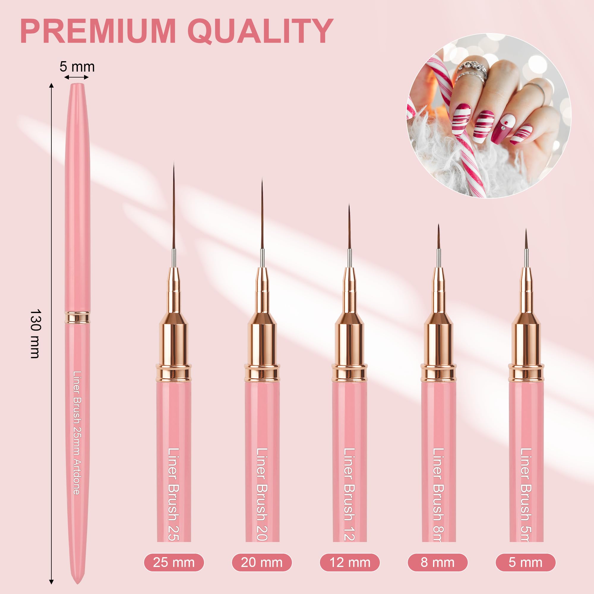 Artdone close-up of varied brush tips highlighting precision for delicate nail lines