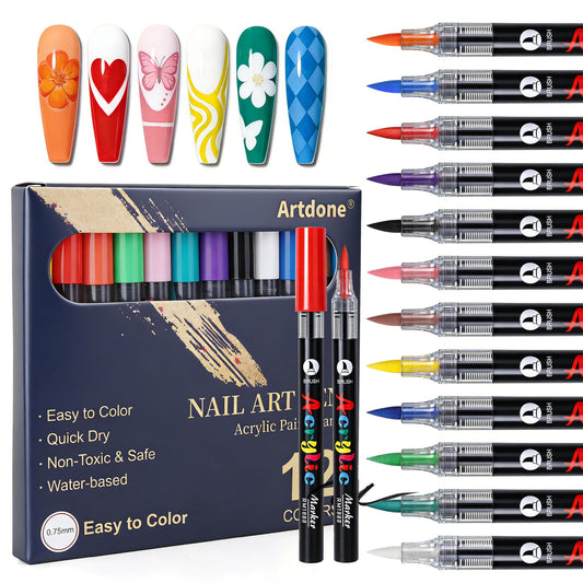Artdone front packaging showing 12 nail art pens and label, clear kit benefit