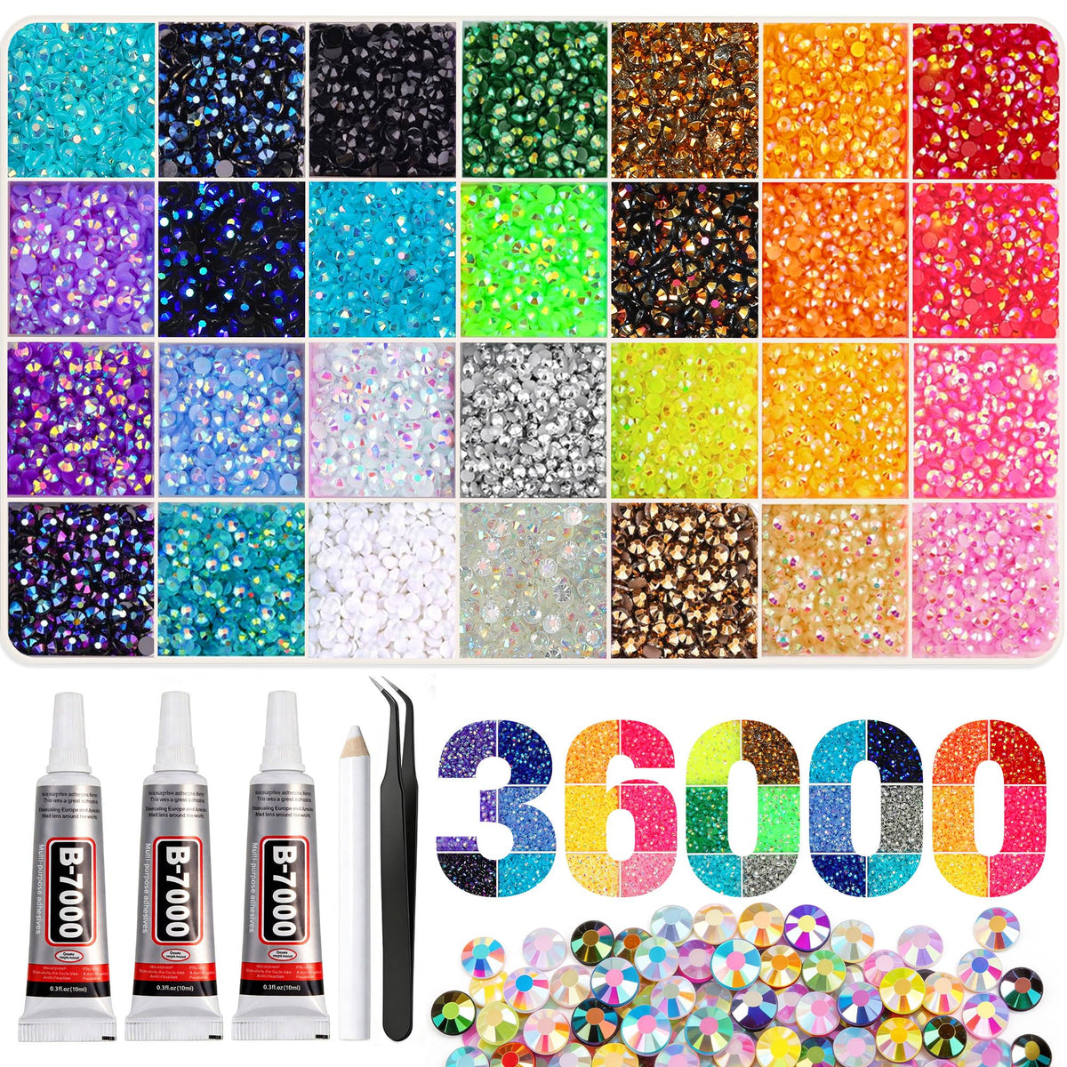 Artdone front packaging showing 36000pcs multicolor rhinestones and included glue