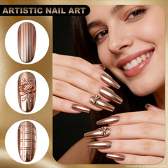 Artdone rose gold pigment on nail demonstrating warm metallic sheen benefit