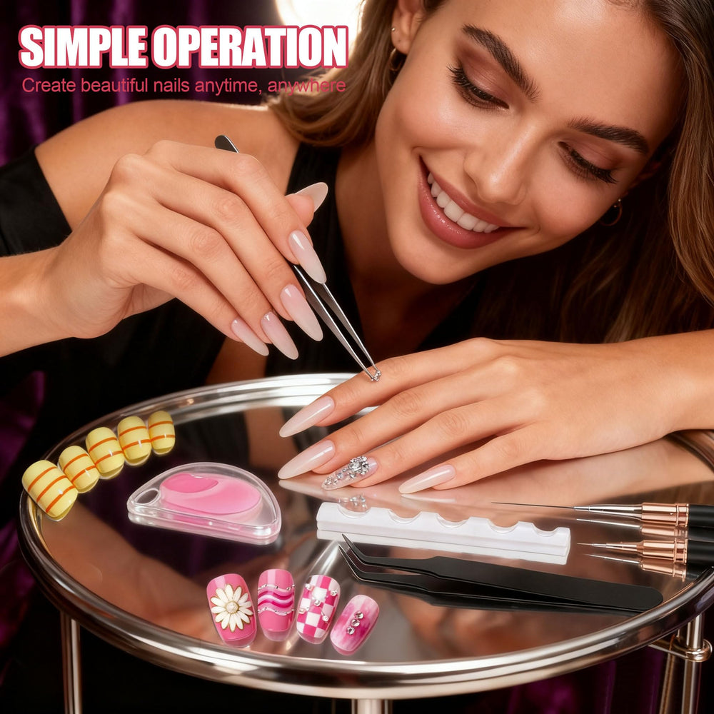 Artdone tweezer positioning tape on nail for accurate, clean stripes