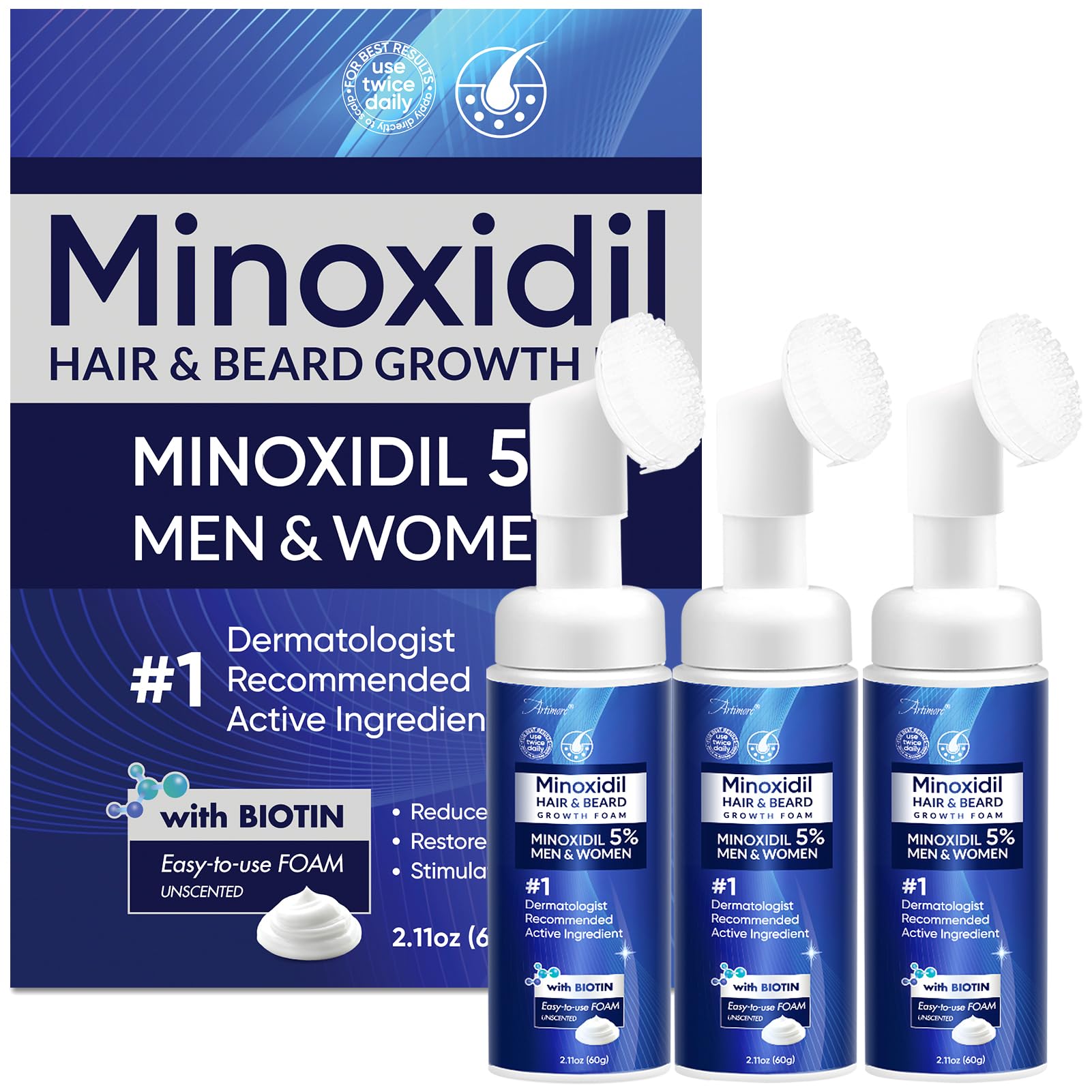 Artimore 5% Minoxidil foam front packaging showing product benefits
