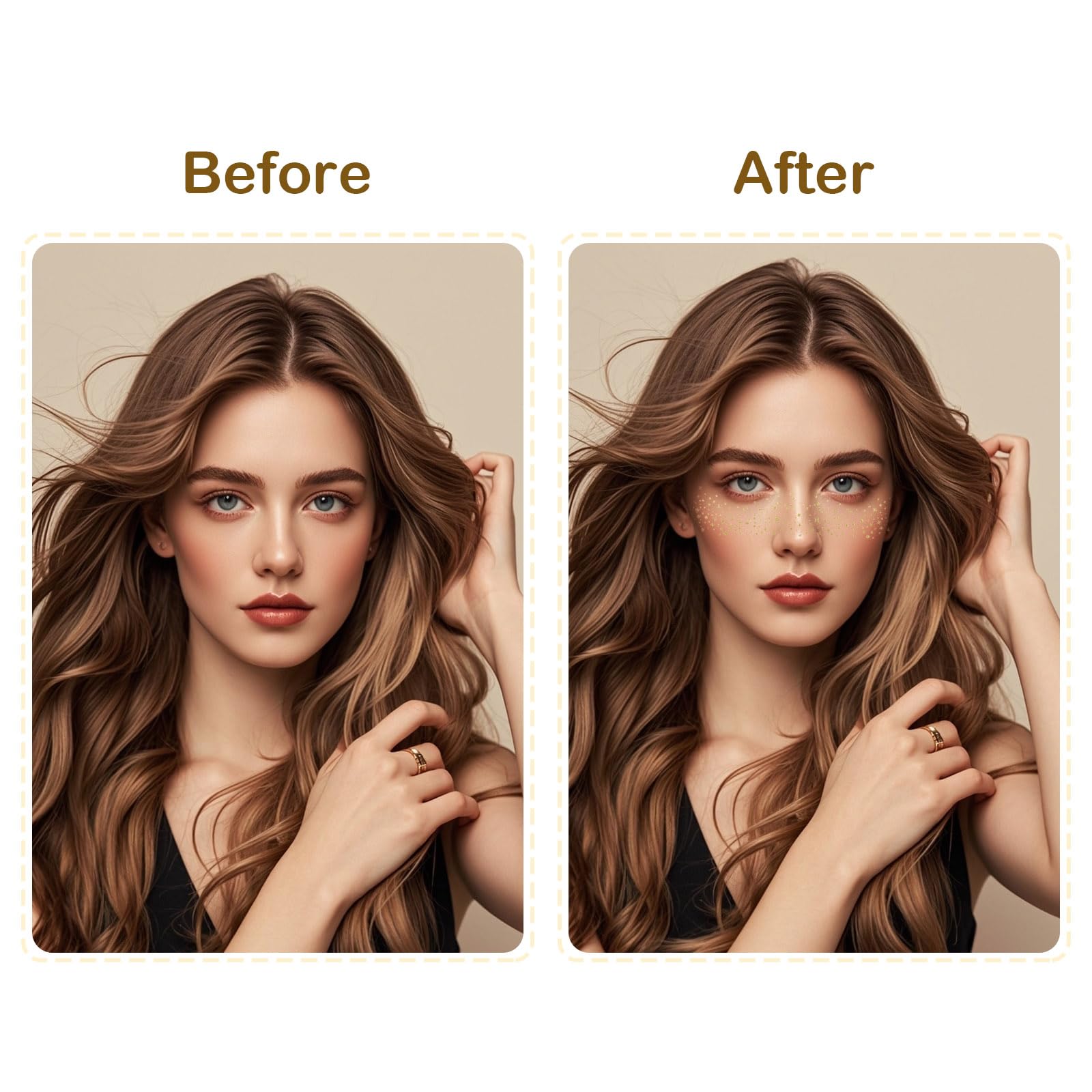 Artlunar applied to cheeks and nose creating delicate gold freckles benefit sparkle