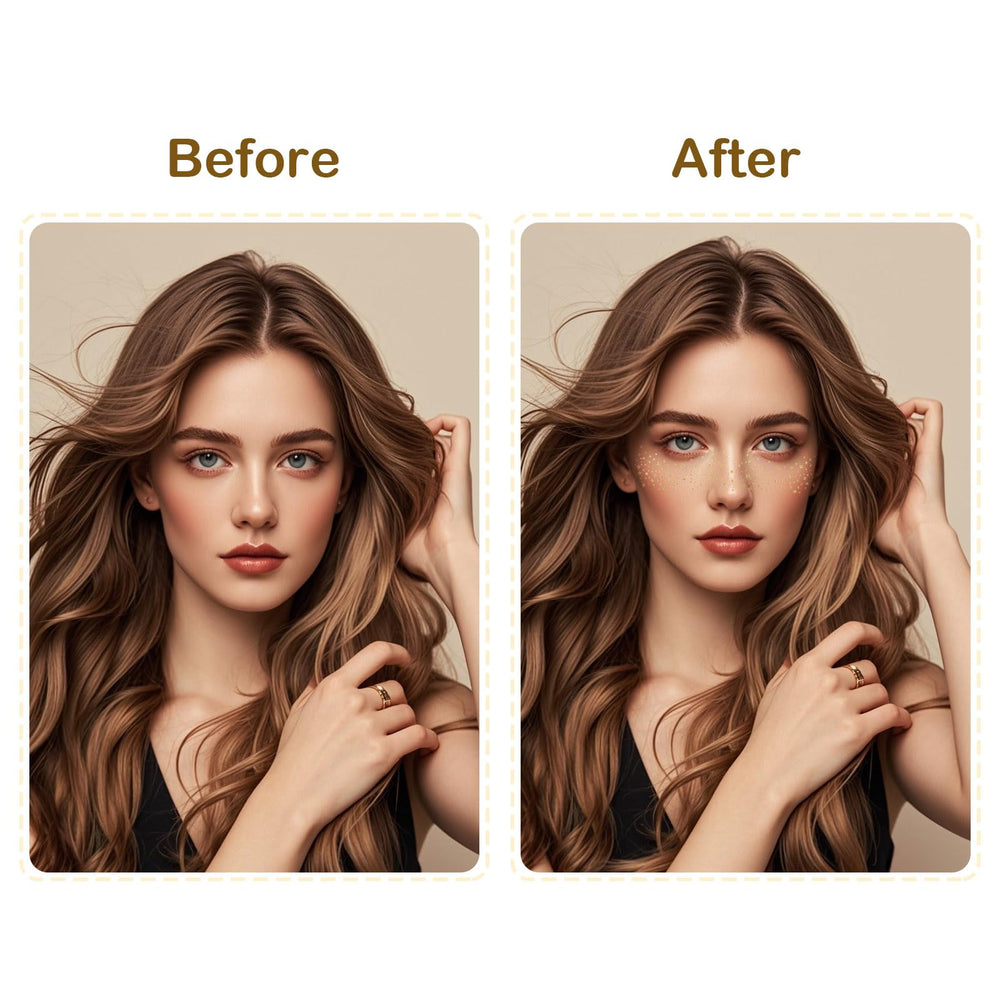 Artlunar applied to cheeks and nose creating delicate gold freckles benefit sparkle