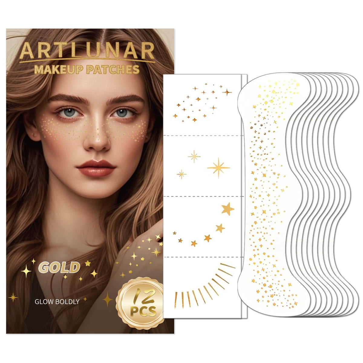 Artlunar front packaging showing gold glitter patches and gift-ready box