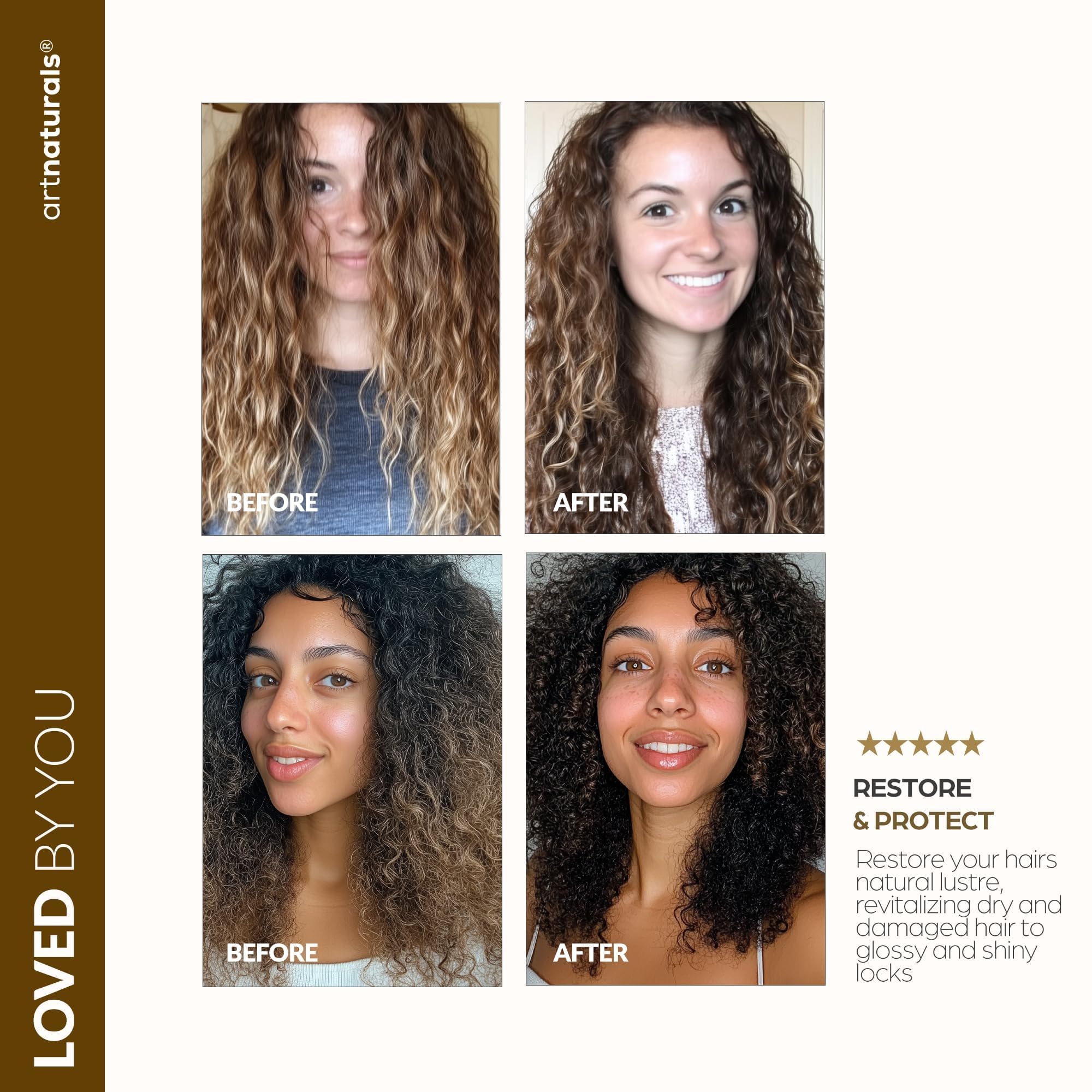 ArtNaturals after-treatment glossy hair in lifestyle shot showing improved shine and manageability