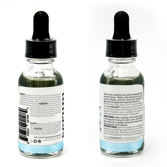 ArtNaturals dropper with clear serum texture, highlights lightweight quick absorption