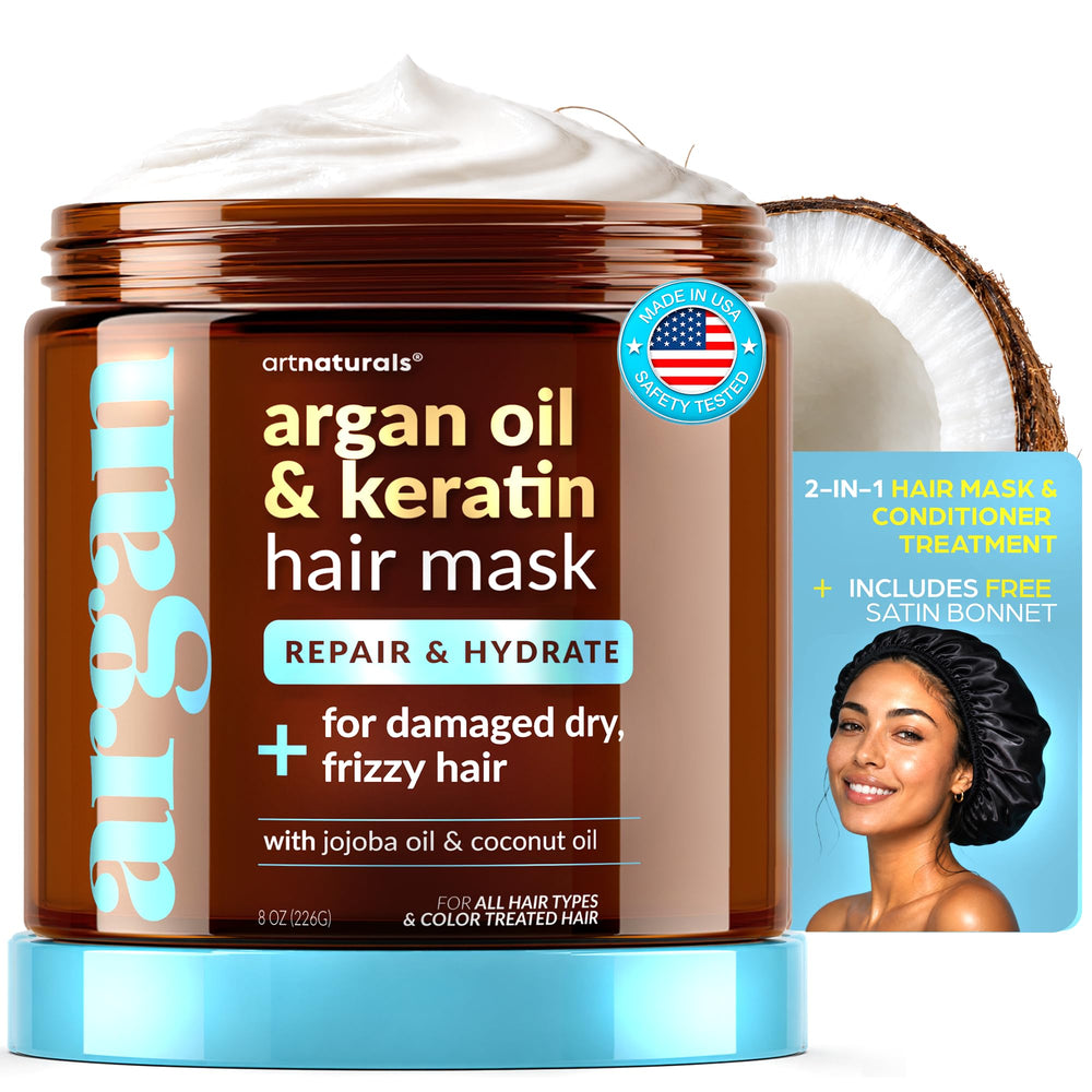 ArtNaturals front packaging showing mask jar and satin bonnet, clear product presentation and benefit