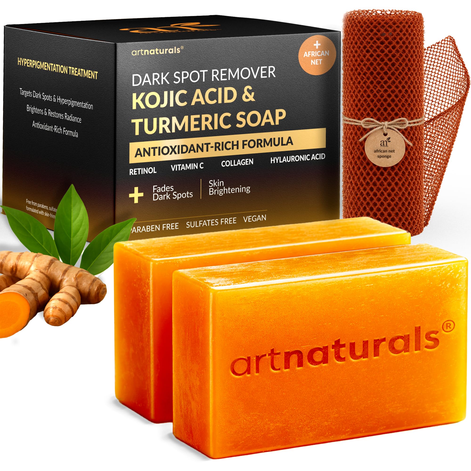artnaturals two soap bars front packaging showing ingredients and benefits