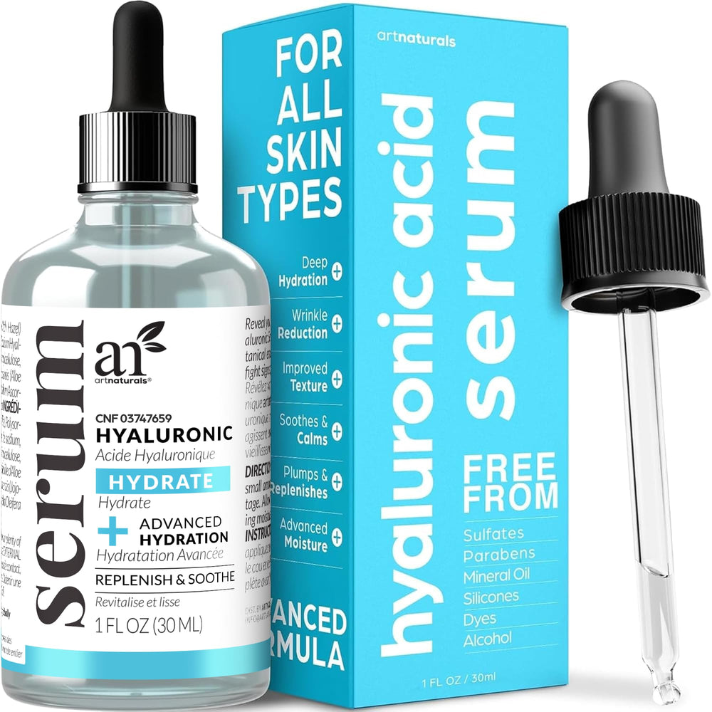 ArtNaturals front packaging showing serum bottle and label, conveys trustworthy hydration
