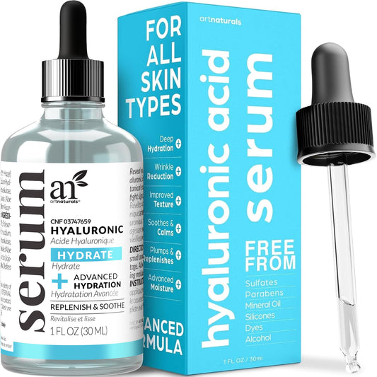 ArtNaturals front packaging showing serum bottle and label, conveys trustworthy hydration