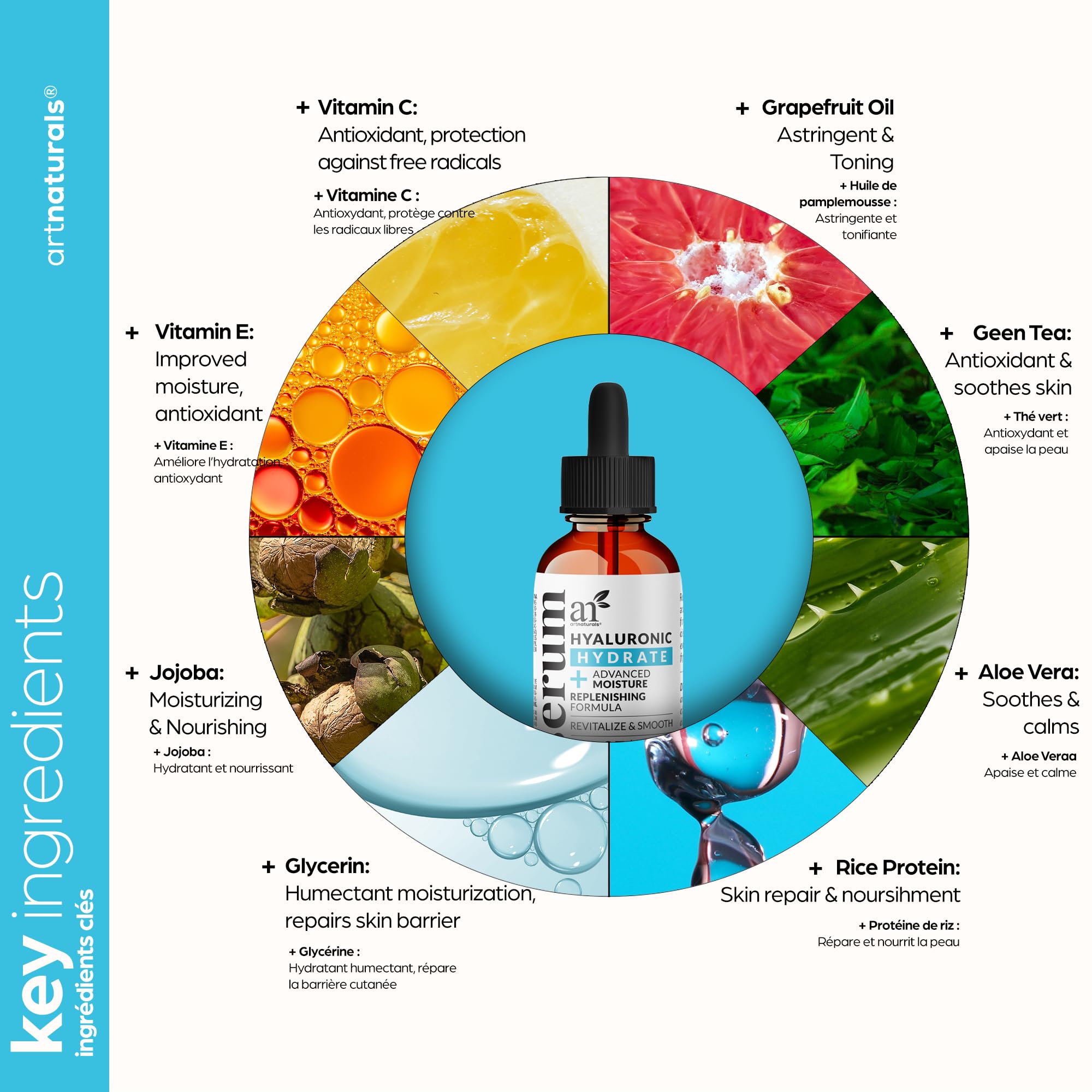 ArtNaturals jojoba ingredient close-up with oil drops, emphasizes gentle moisturizing benefit