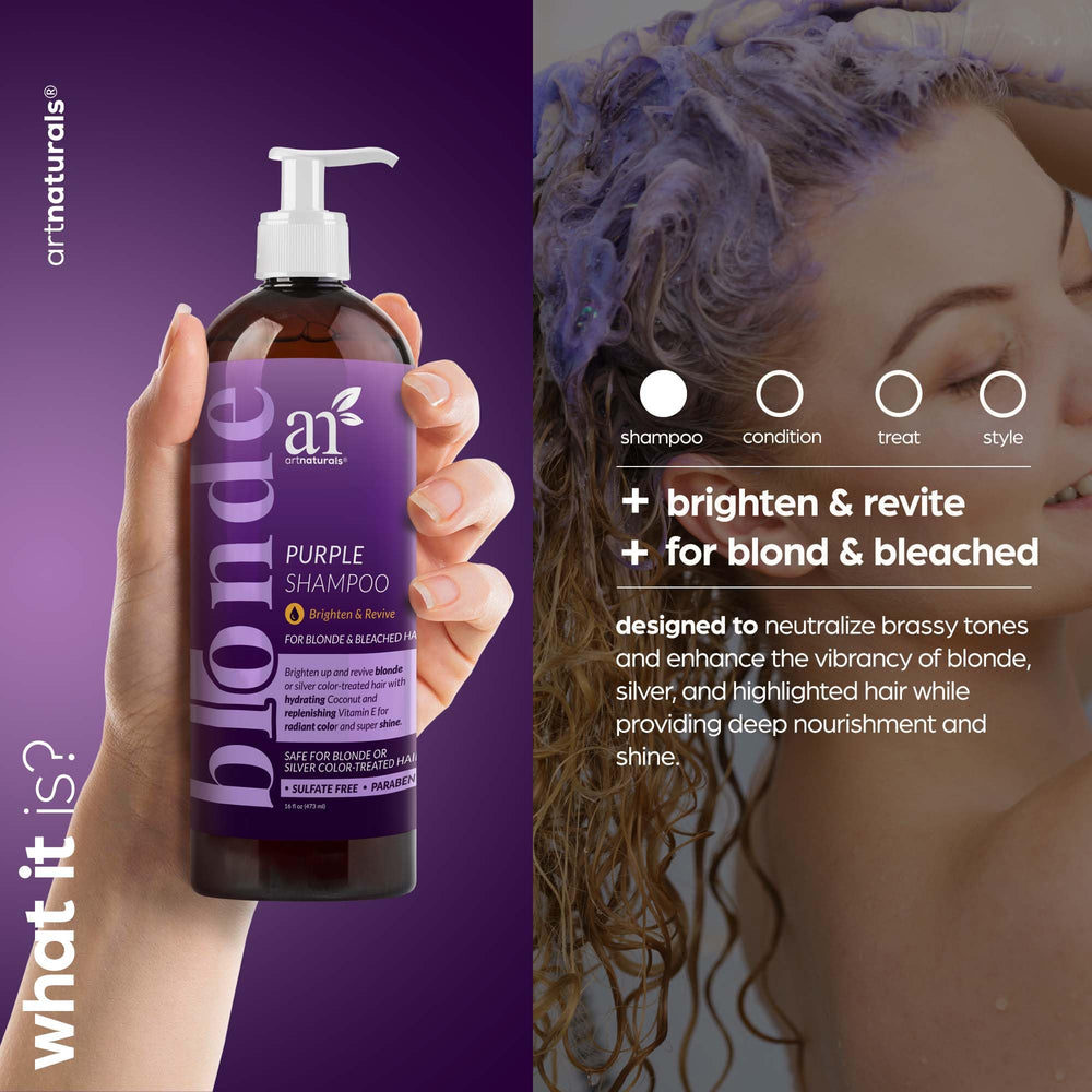 Artnaturals purple shampoo pouring to reveal pigmented formula benefit