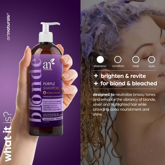 Artnaturals purple shampoo pouring to reveal pigmented formula benefit
