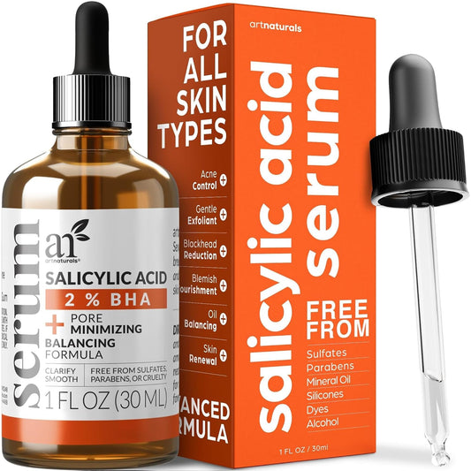 Artnaturals salicylic acid serum front bottle showing sleek packaging and clear benefits