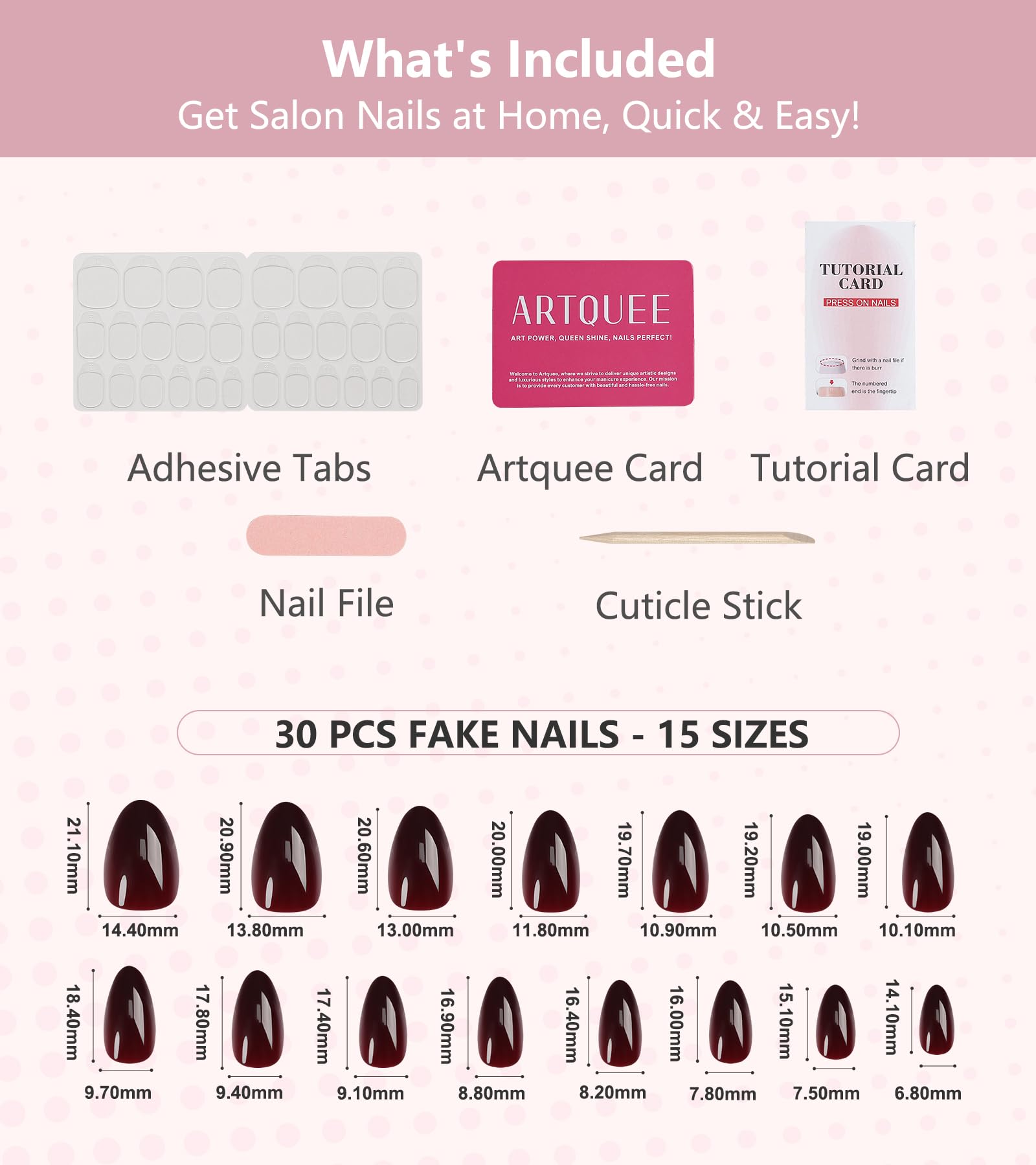Artquee application kit including adhesive tabs file and cuticle stick for easy use