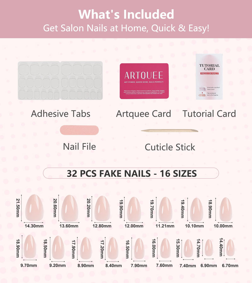 Artquee on hands wearing short soft pink almond nails for elegant everyday look