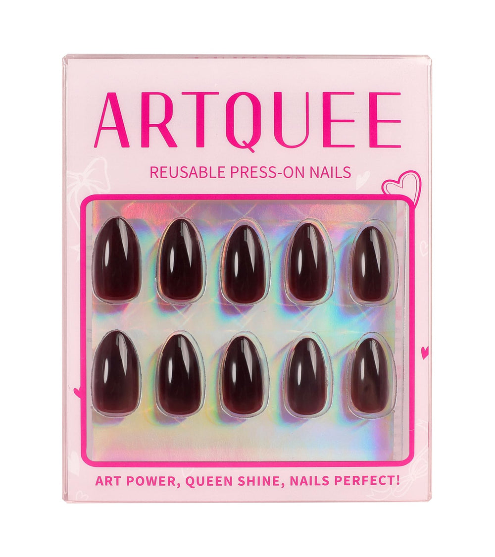 Artquee lifestyle evening shot showing burgundy nails complementing a dressy outfit