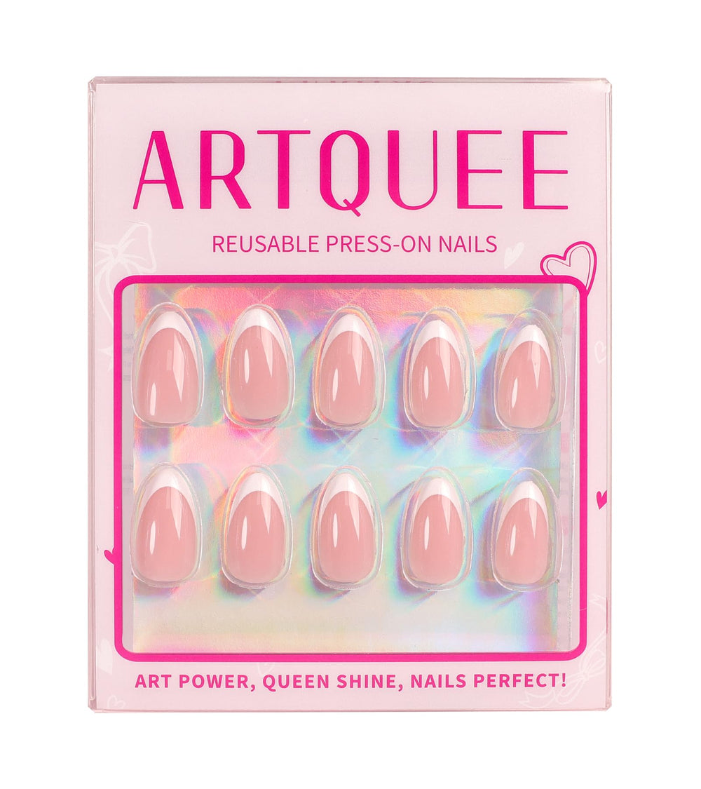 Artquee short nails next to a coin for scale showing realistic length benefit